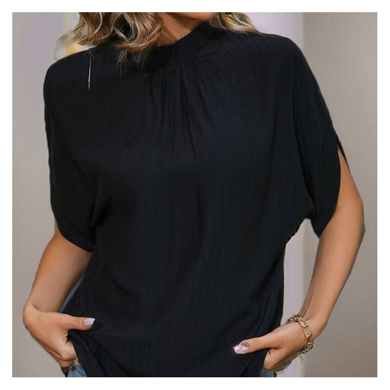 Chic Stand Collar Batwing Sleeve Black Blouse