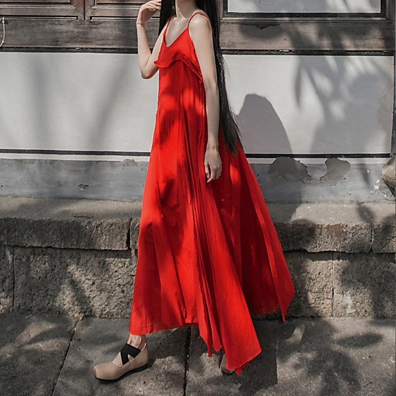 Solid Color Sleeveless Maxi Dress with Spaghetti Straps and Flowy Hem