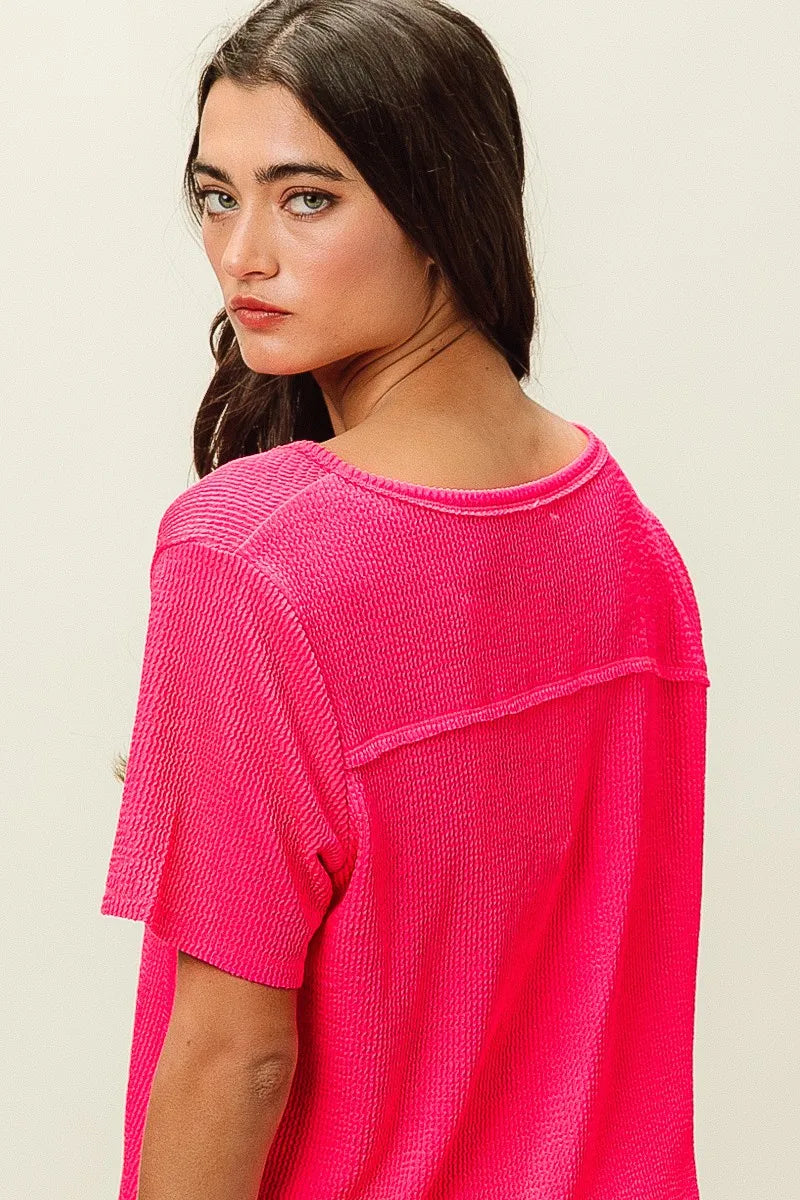 Waved Rib U Neck Top With Front Pocket