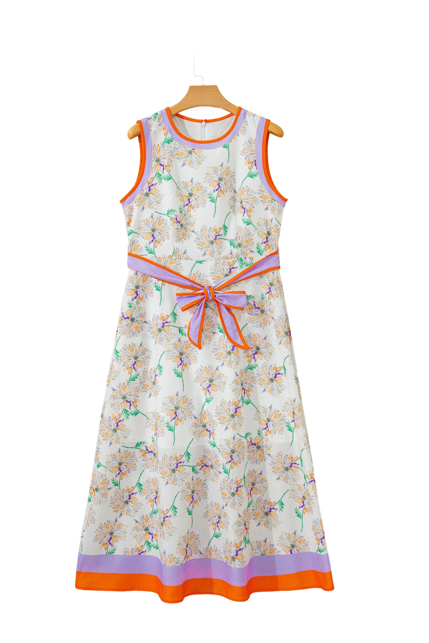White Floral Print Color Block Trim Belted Sleeveless Maxi Dress