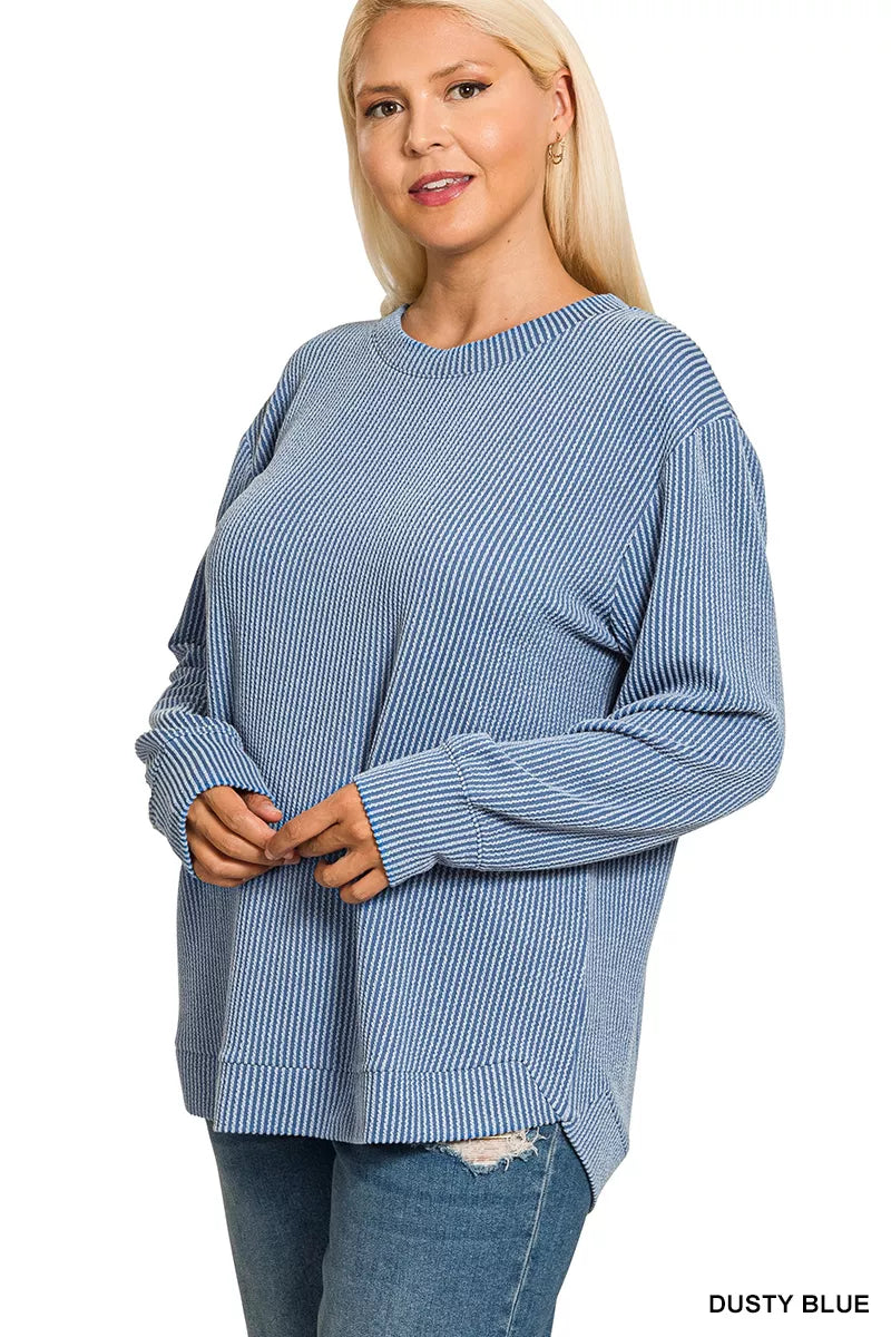 Full Size Raised Rib Round Neck Long Sleeve Top Plus Size