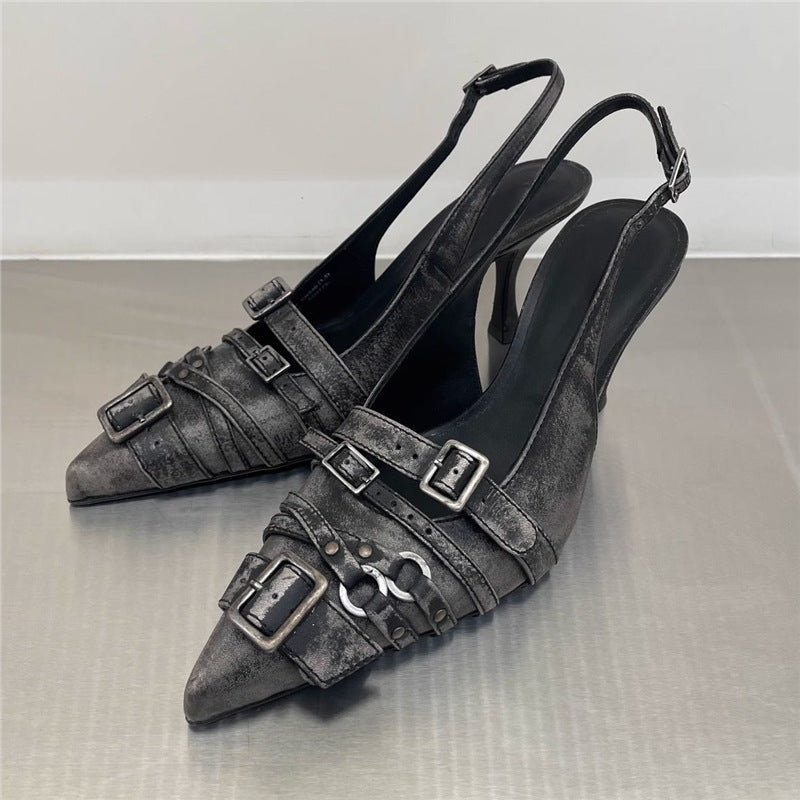 Women's Retro Pointed-Toe Ankle-Strap High Heel Sandals - Punk Style Mid Heel Shoes