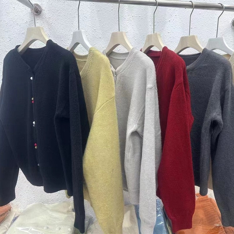Solid Color Long Sleeve Crewneck Buttoned Short Cardigan Sweater