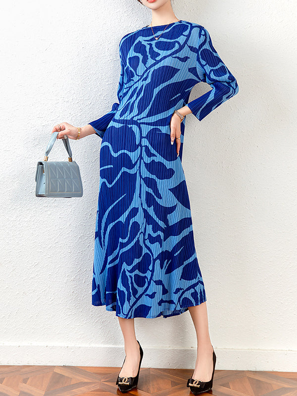 Fashion Floral Printed Pleated Long Sleeves Midi Dress