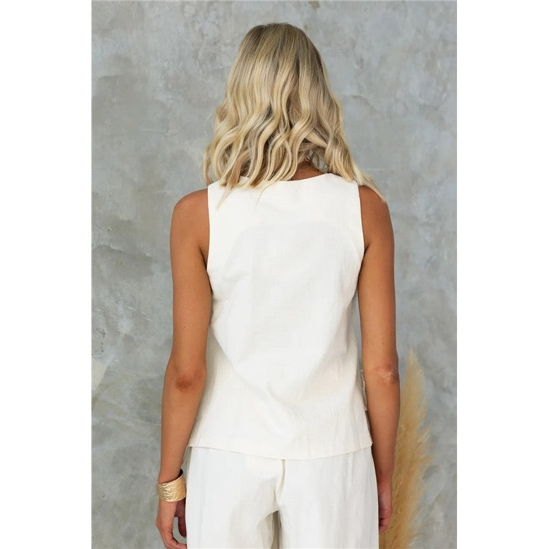 Single Breasted Sleeveless Vest and Trousers Set in Solid Color