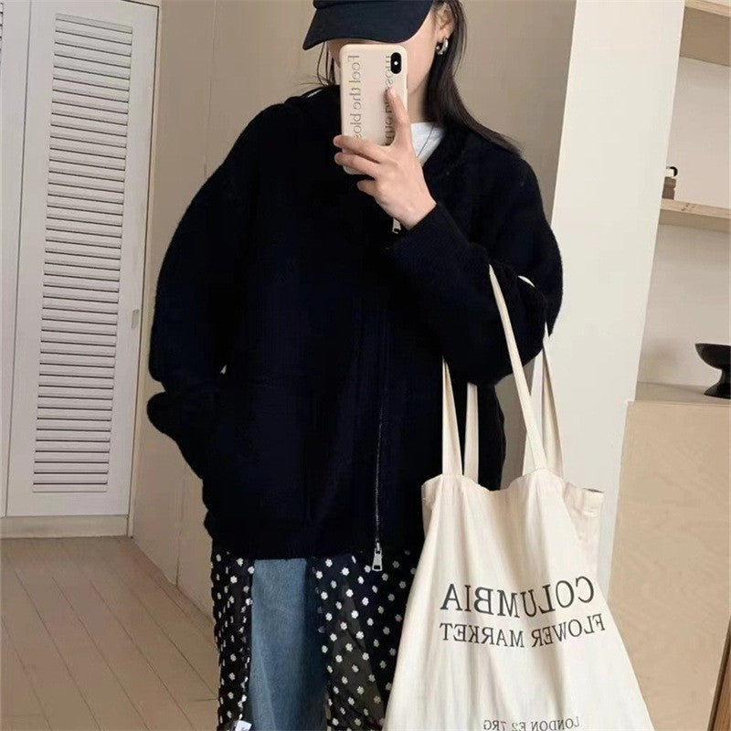 Solid Color Long Sleeve Hooded Zipper Pockets Casual Loose Cardigan Sweater