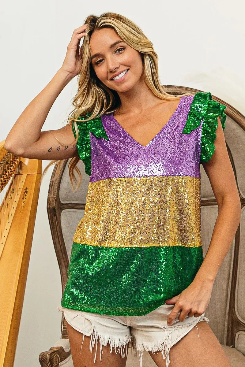 Mardi Gras Sequin Color Block Ruffled Top