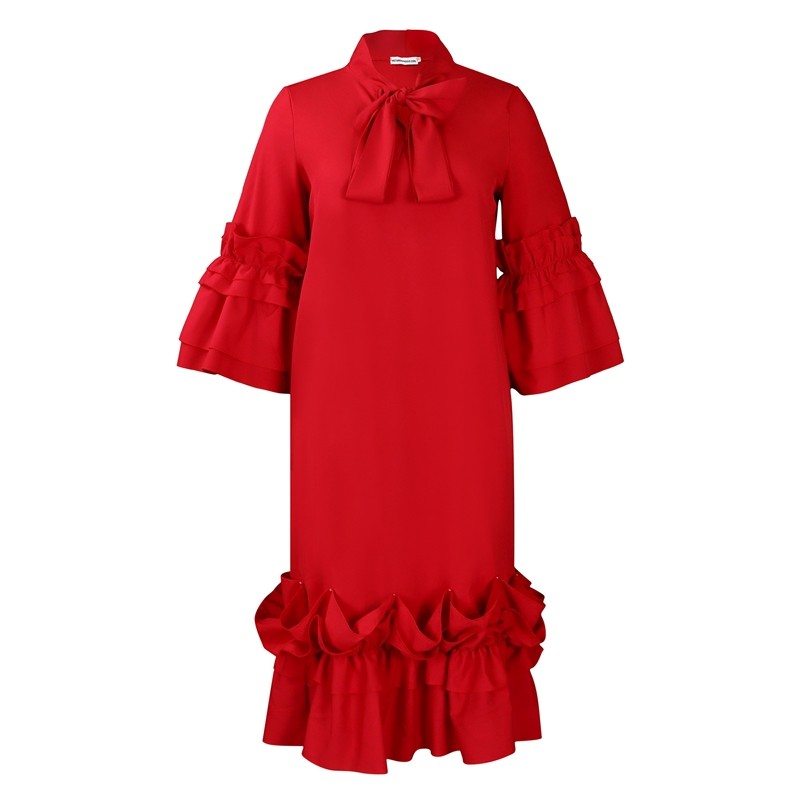Stylish Ruffle Hem Trumpet Sleeve Dress
