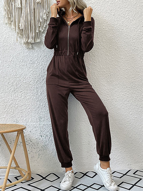 Skinny Elasticity Split-Joint Zipper Hooded Jumpsuits