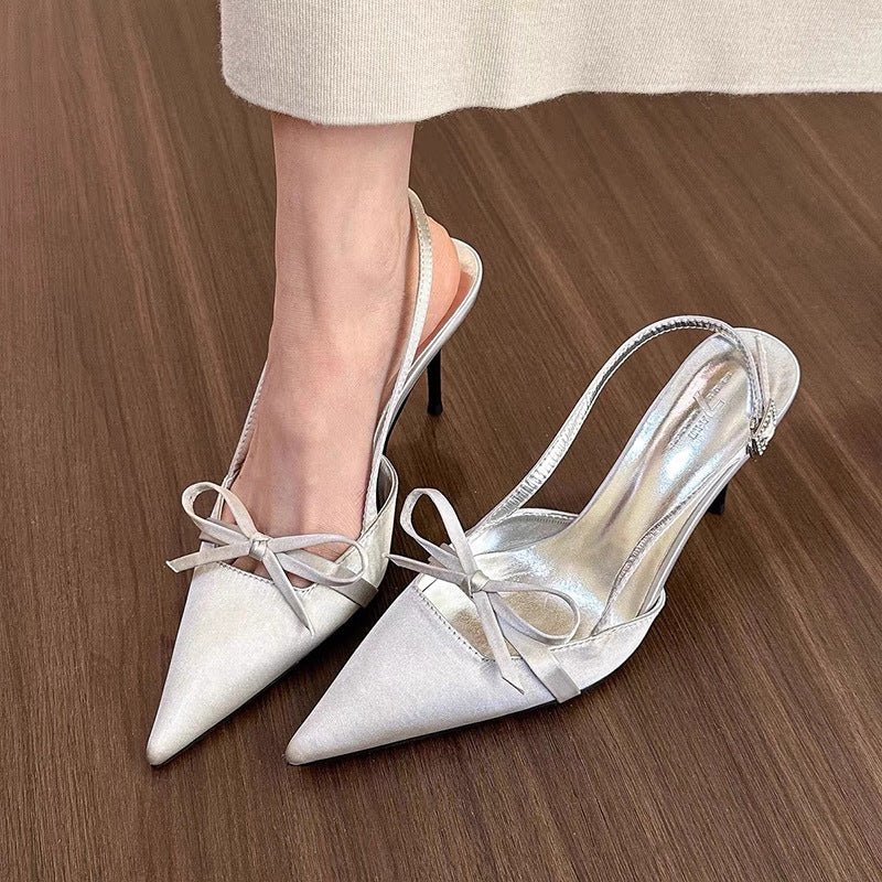 Women's Bow-Detail Pointed-Toe Mid-Heel Sandals - Elegant Casual Footwear