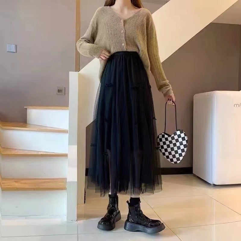 Solid Color Elastic Waist Bowknots Embellished Mesh Skirt