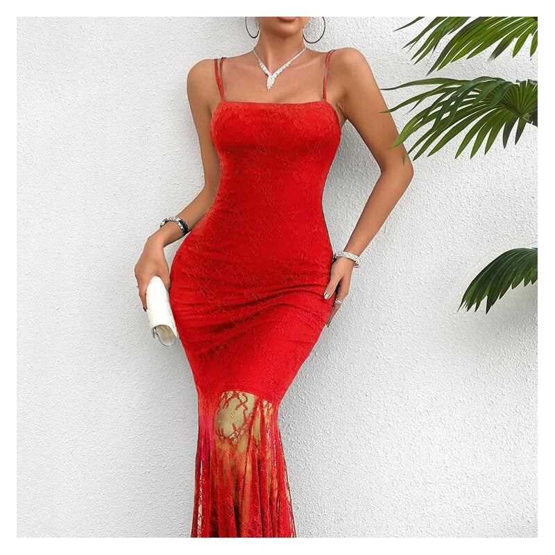 Stylish Lace Sling Dress in Solid Color