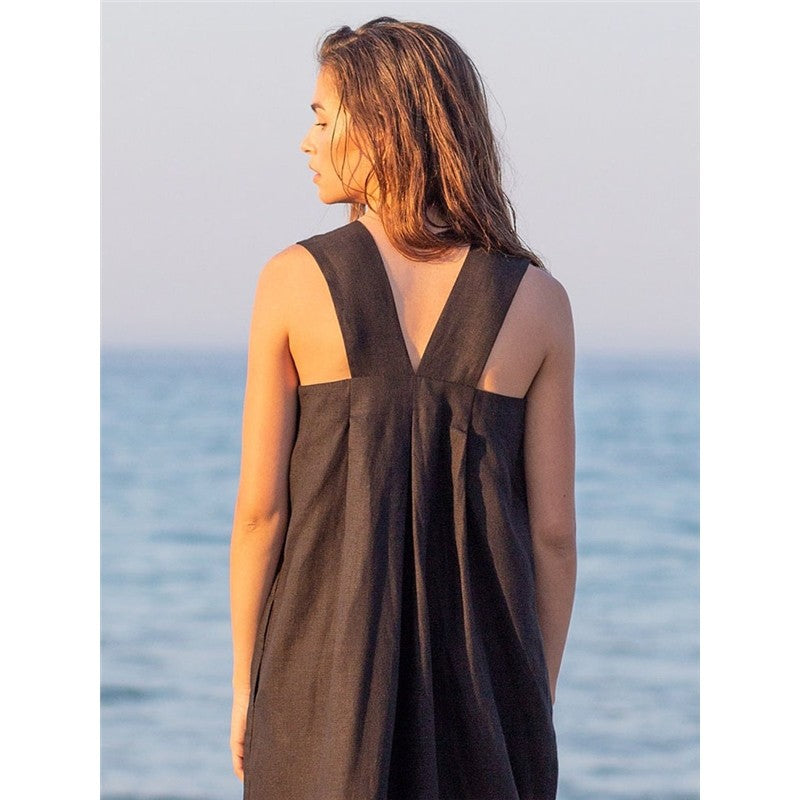 Linen Sleeveless Loose Mandarin-Collar Maxi Dress