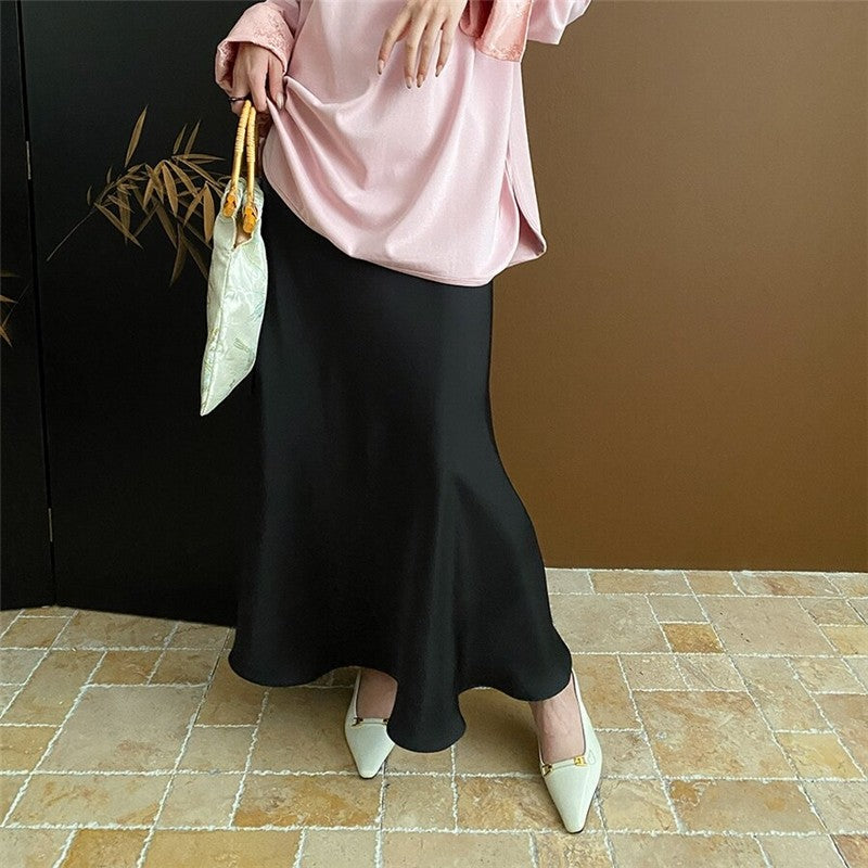 High-Waisted Satin Mermaid Midi Skirt with Draped Slit