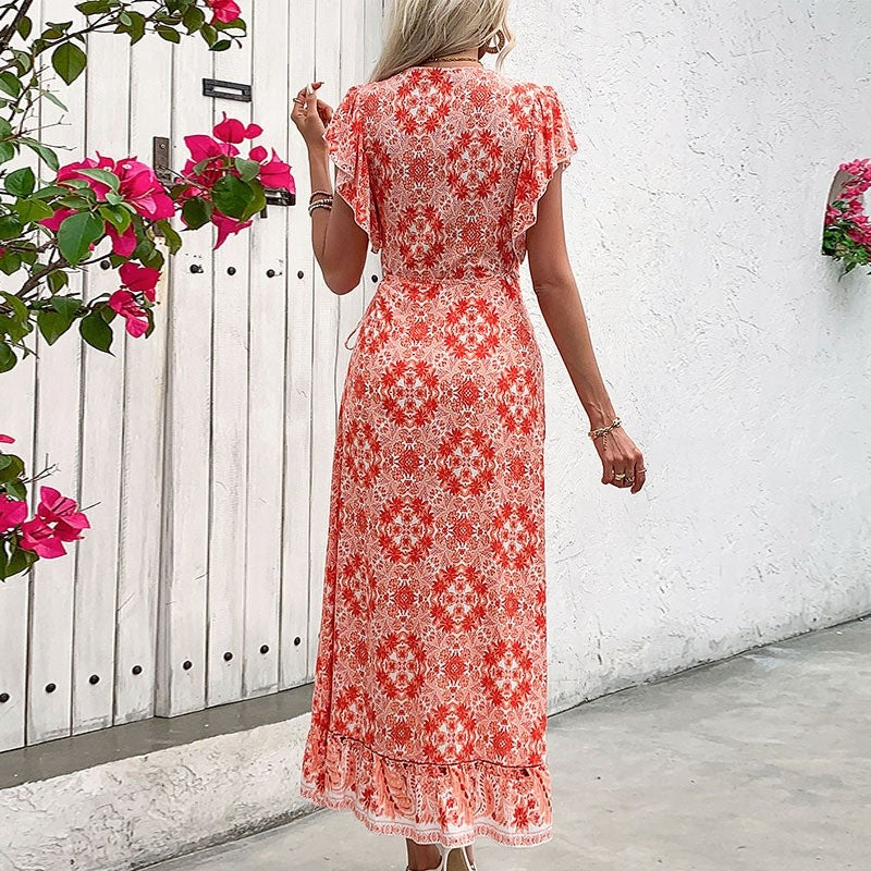 Floral Print Wrap Style V-Neck Dress