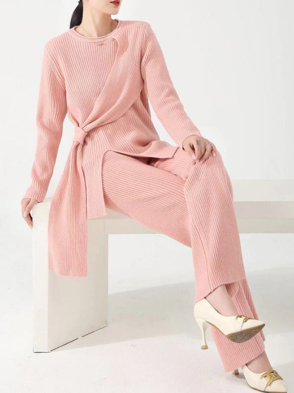 Loose Asymmetric Solid Color Split-Front Round-Neck Long Sleeves Sweater Top   Pants Bottom Two Pieces Set