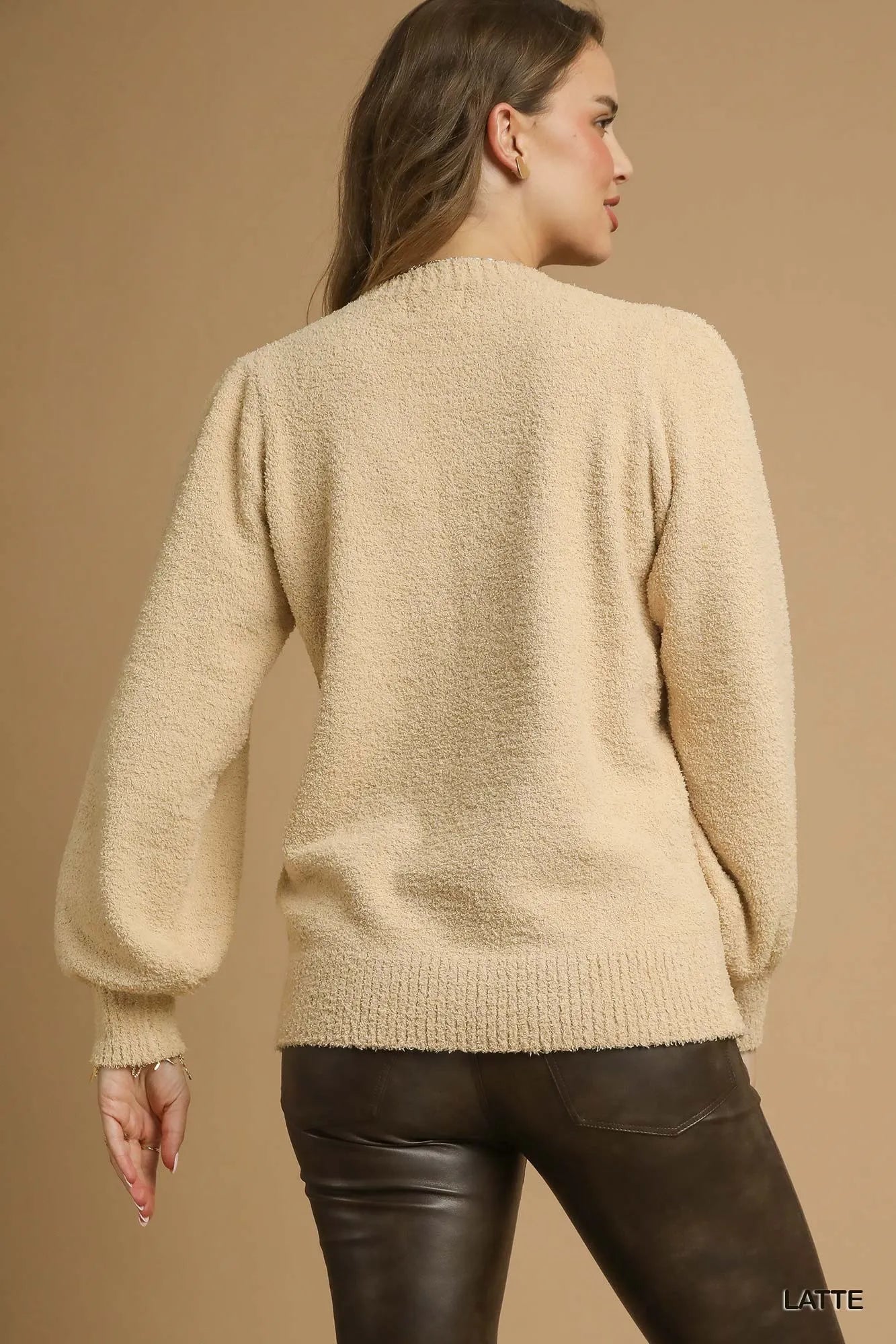 Textured Long Sleeve Sweater with Ribbed Trim