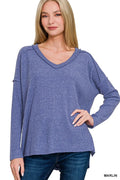 Full Size Brushed Ribbed Hacci Drop Shoulder V-Neck Sweater Plus Size