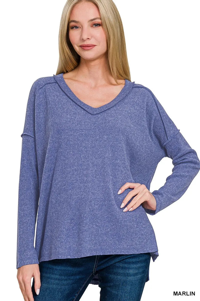 Full Size Brushed Ribbed Hacci Drop Shoulder V-Neck Sweater Plus Size