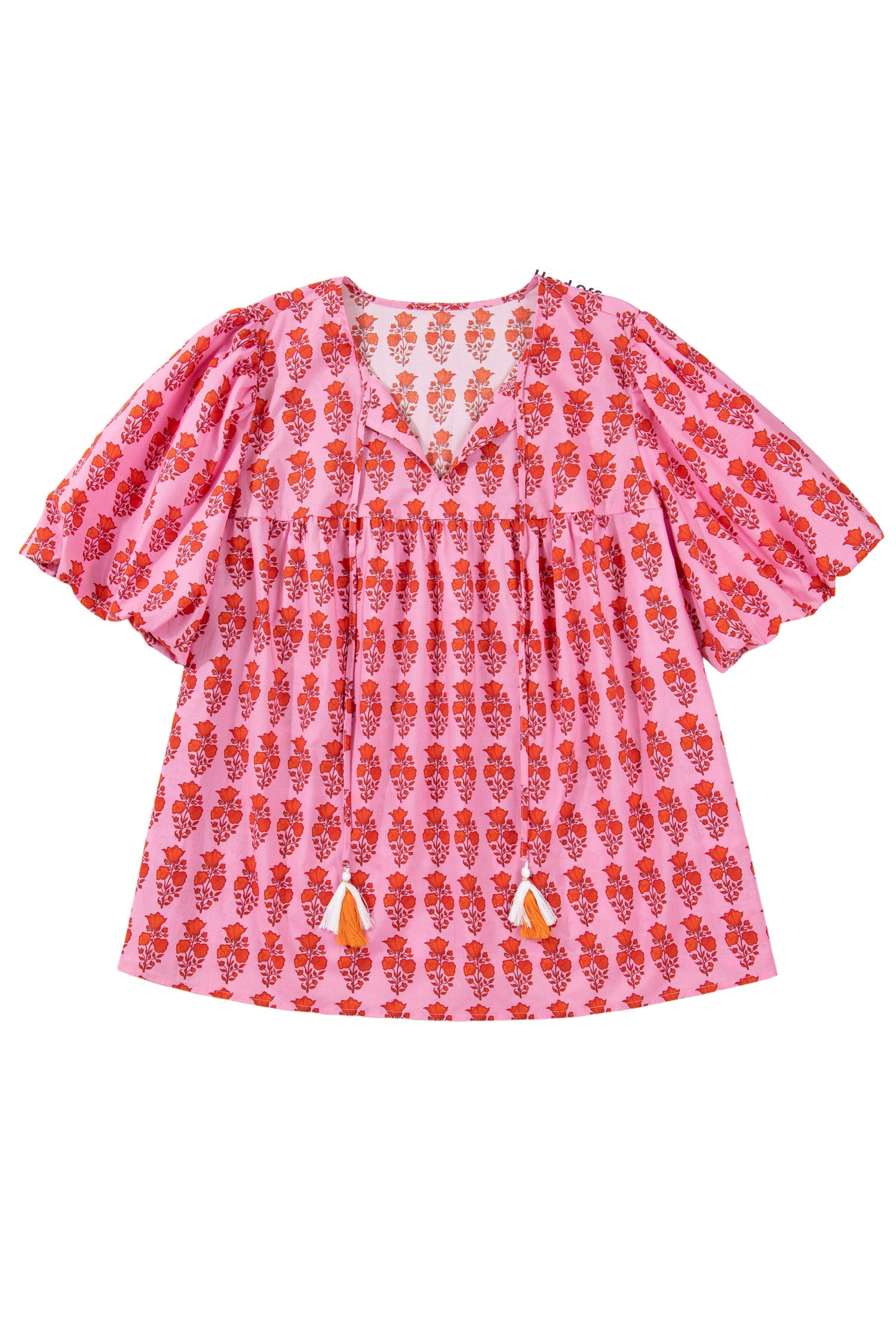 Pink Plus Size Floral Print Tassel Tie Puff Sleeve Cotton Blouse