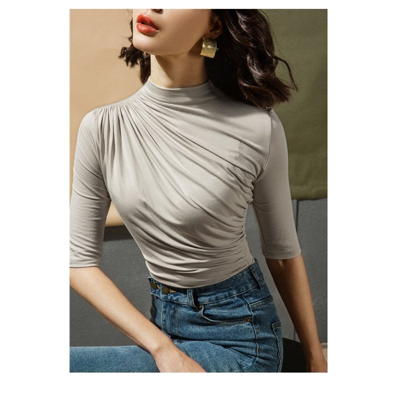 Solid Color Half Turtleneck Half Sleeve Pleats Tshirts