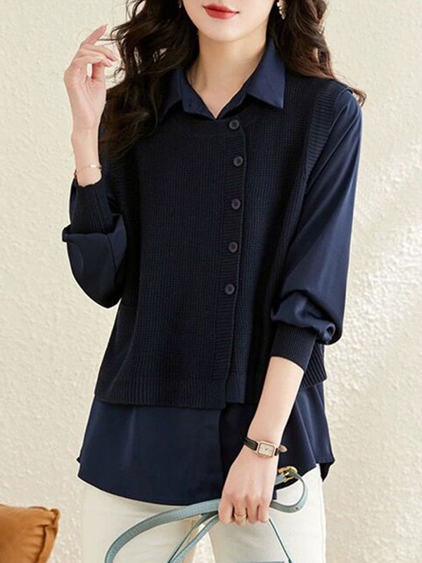Long Sleeves Loose Solid Color Lapel  Inner Shirt + Buttoned Pockets Outer Knit Vest Two Pieces Set