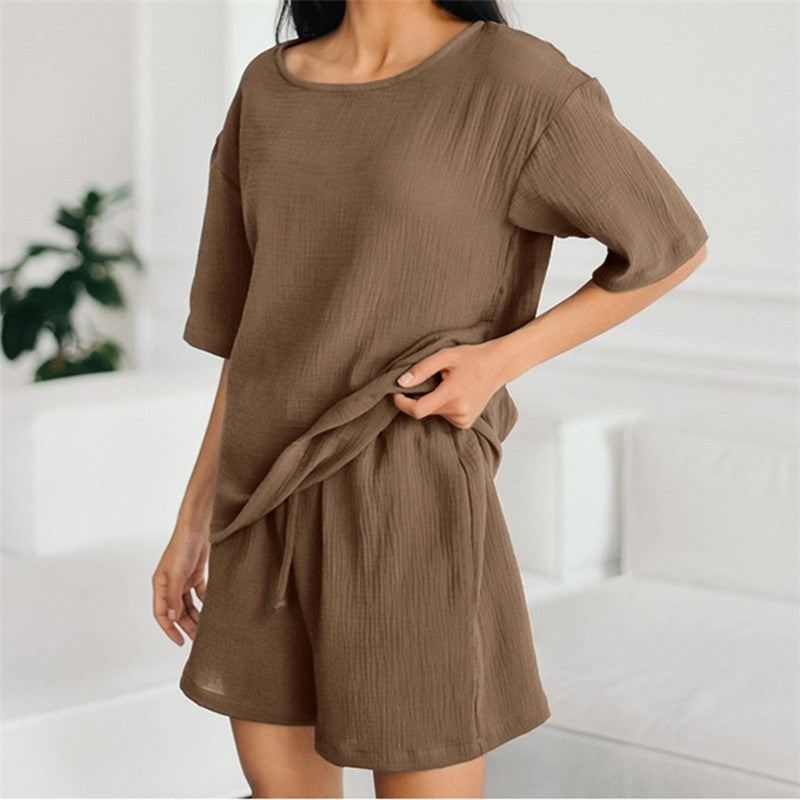 Solid Color Crewneck Short Sleeve T-Shirt and Shorts Set - Loose Fit, Lightweight Loungewear