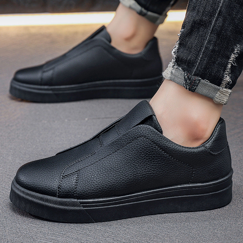 Men's Korean-Style Slip-On Casual Sneakers | PU Leather Round Toe Mid Heel Shoes