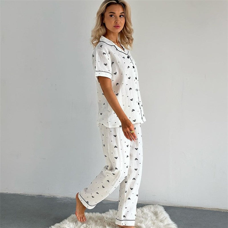 Home Wear Set: Printed Short Sleeve Top with Long Pants