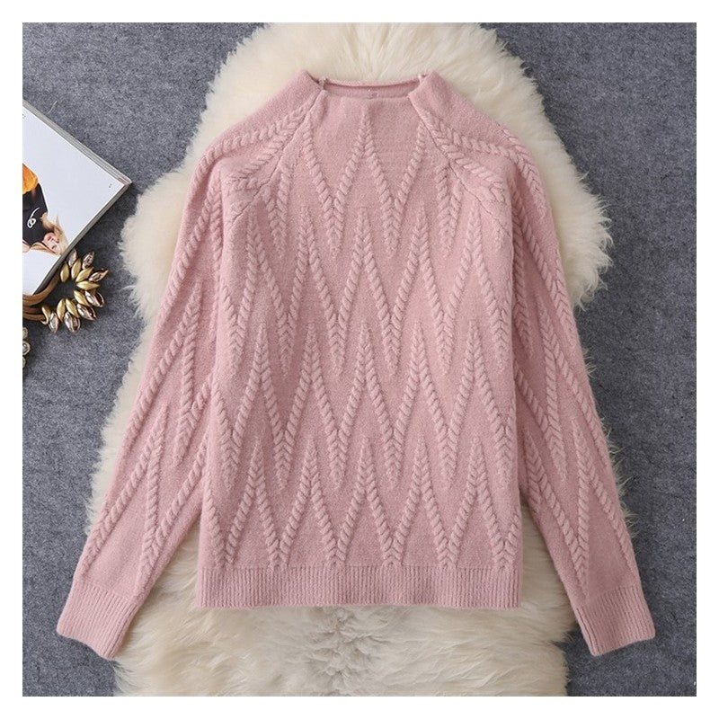 Solid Color Jacquard Long Sleeve Top And Pants Knit Set