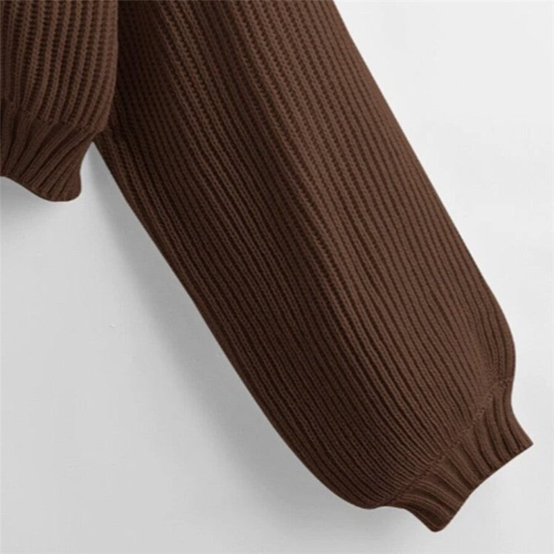 Solid Color Turtleneck Ribbed Lantern Sleeve Sweater