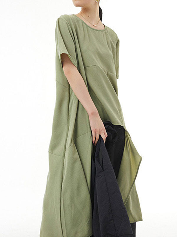 Irregular Clipping Loose Solid Color Round-Neck Midi Dresses
