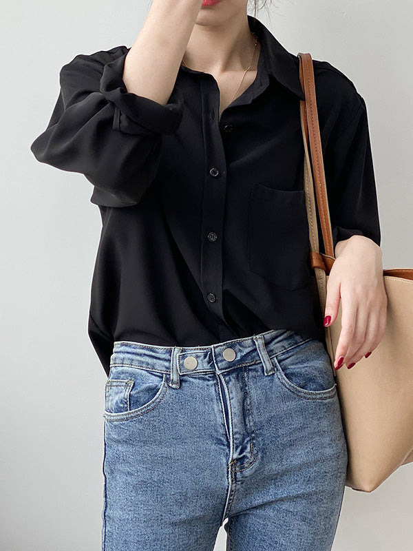 Urban Solid Color Lapel Long Sleeves Blouse