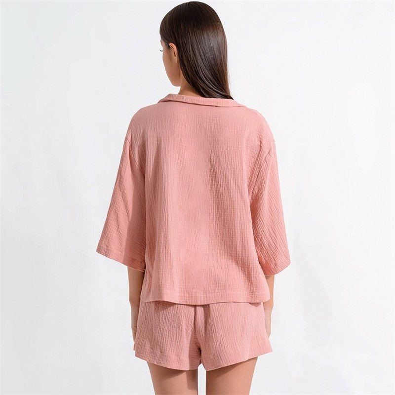 Solid Color V-Neck Loose Fit Half Sleeve Blouse and Shorts Pajama Set