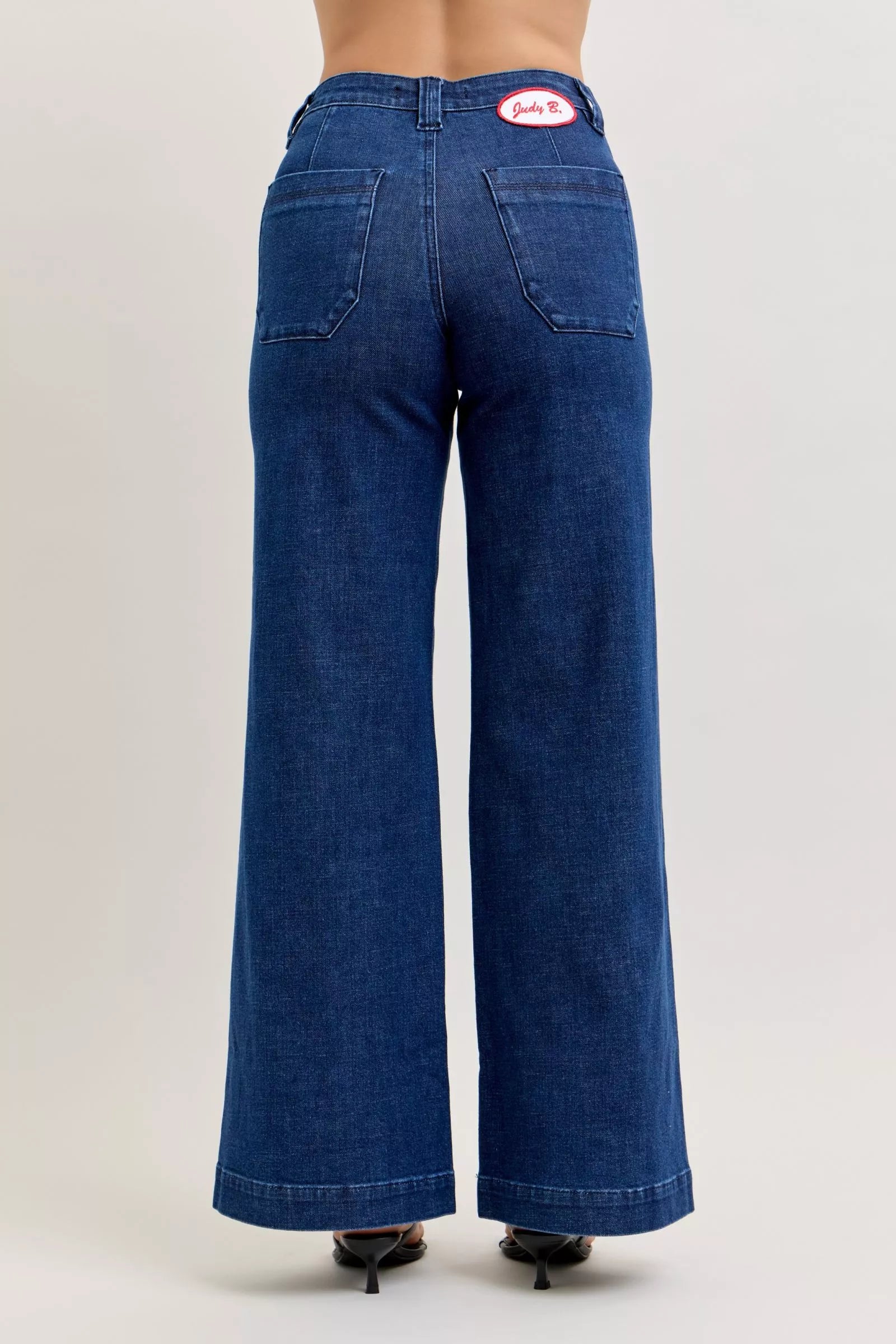 High-Waisted Retro Wide Jeans with Patch Pkts & Twisted Seams