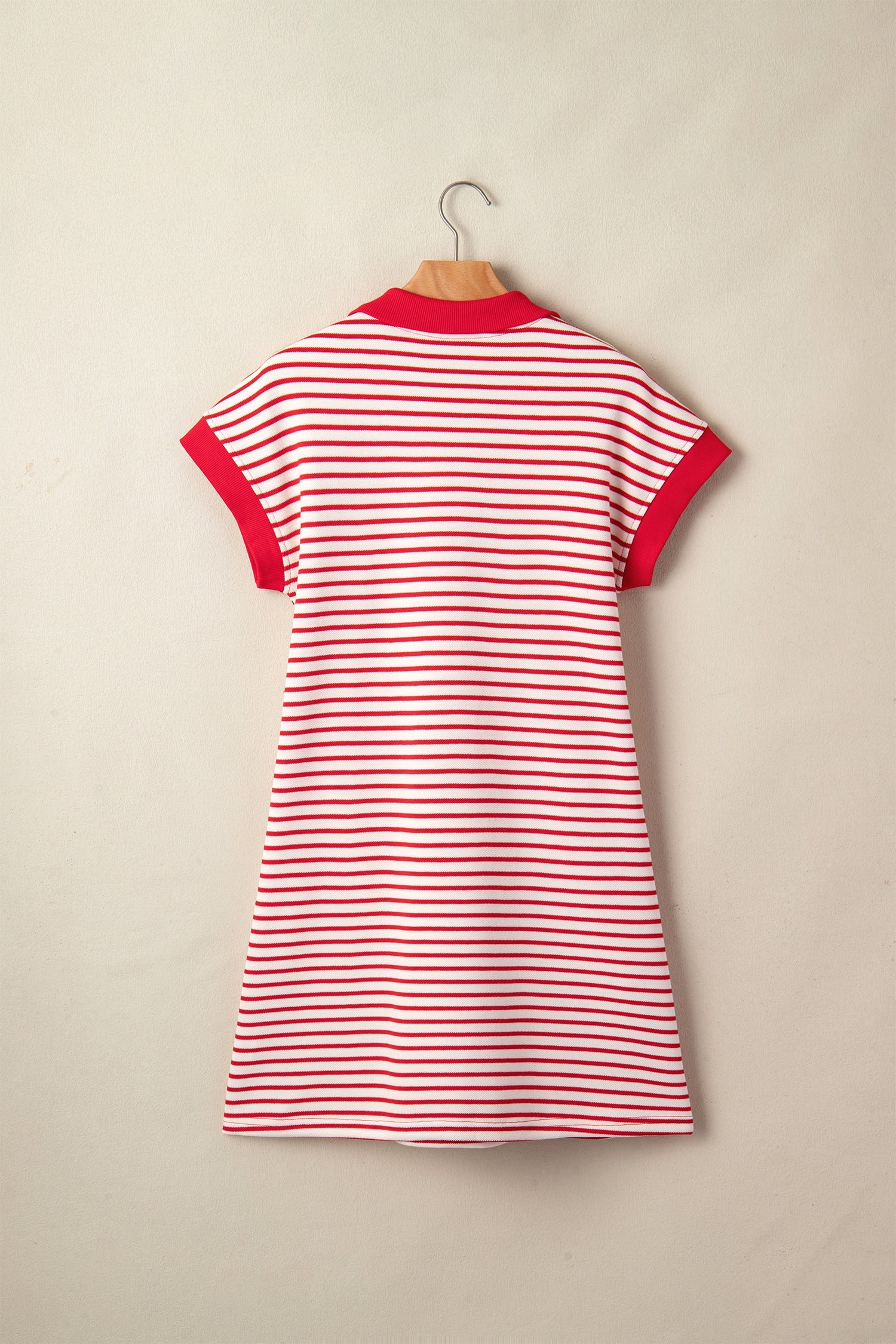 Red Stripe Quarter Zip Polo Collar T Shirt Dress with Pockets