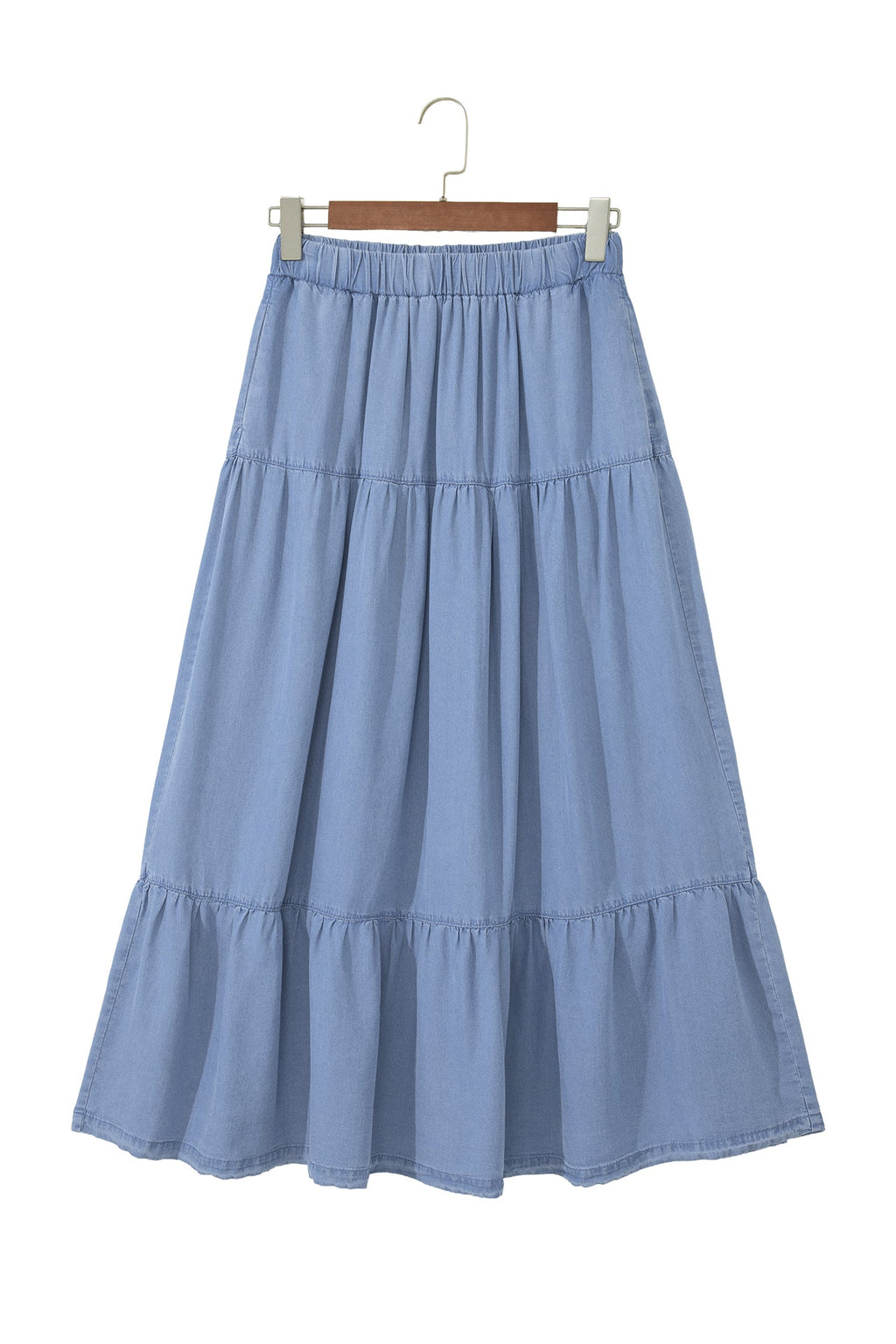Beau Blue Elastic Waist Ruffled Tiered Flared Denim Maxi Skirt