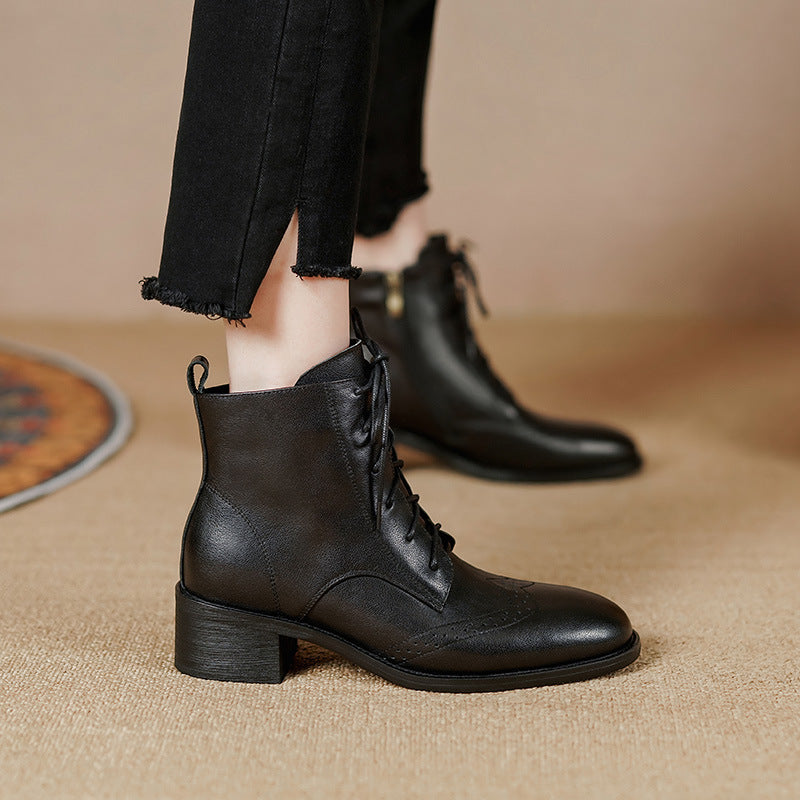 Women's Retro Leather Ankle Boots – Chunky Heel, Side Zipper & Lace-Up | Cowhide Upper