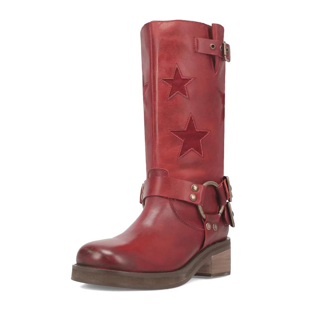Women's Stitched Belt Buckle Ankle Boots – Chunky Low Heel, Round Toe, Slip-On