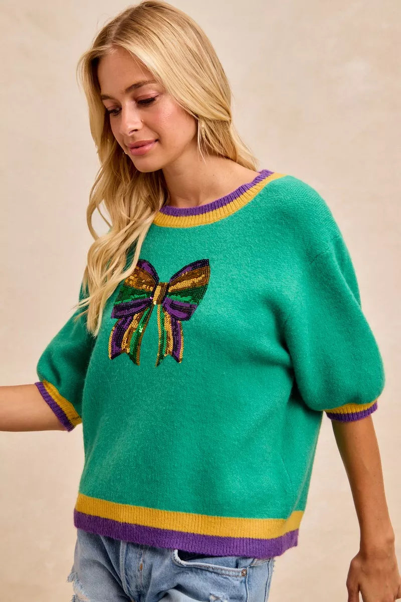 Mardi Gras Sequin Ribbon Patched Sweater