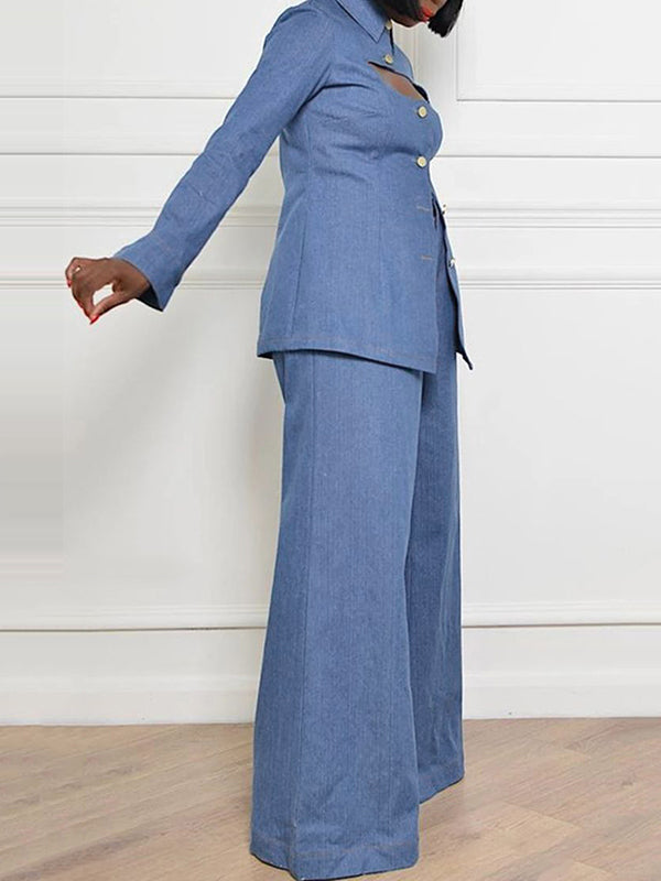 High Waisted Loose Pockets Solid Color Lapel Jean Pants Bottoms