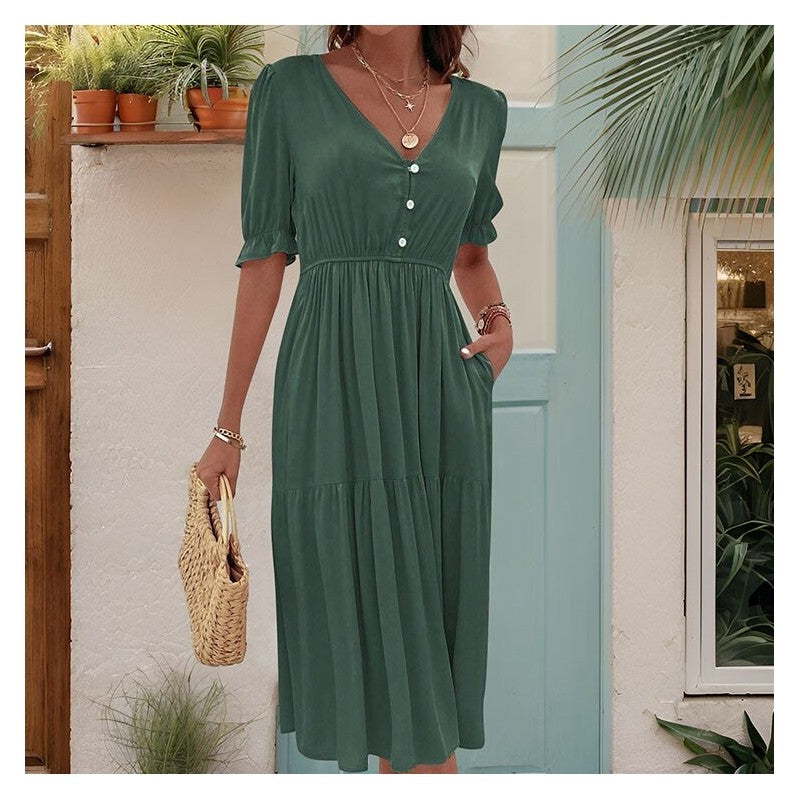 Stylish V-Neck Dress with Waist Cinching - Solid Color