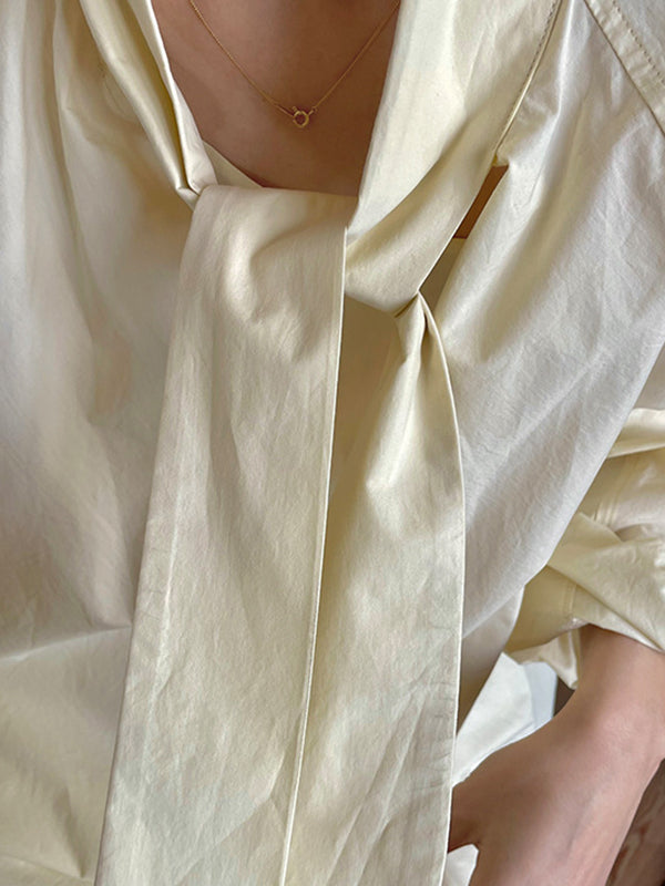 Long Sleeves Loose Solid Color Split-Joint Streamer High Neck Blouses