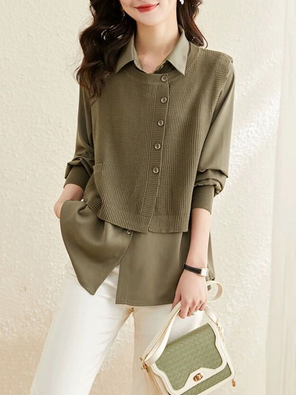 Long Sleeves Loose Solid Color Lapel  Inner Shirt + Buttoned Pockets Outer Knit Vest Two Pieces Set