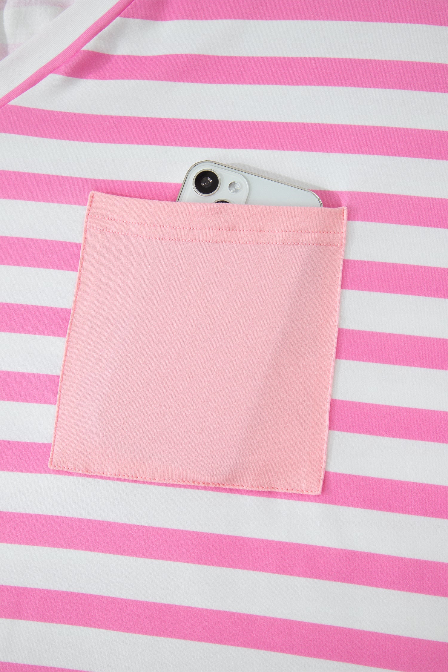 Pink Stripe Colorblock Patched Pocket V Neck Plus Size Tee