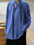 Long Sleeves Loose Solid Color Split-Joint Streamer High Neck Blouses