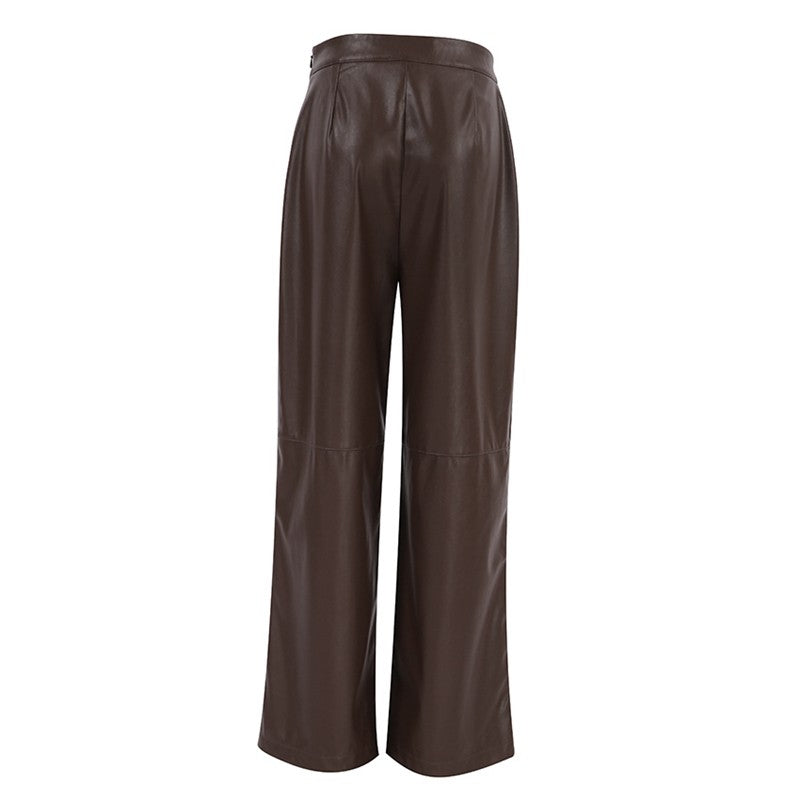 High Waisted Solid Color Straight Leg Faux Leather Pants