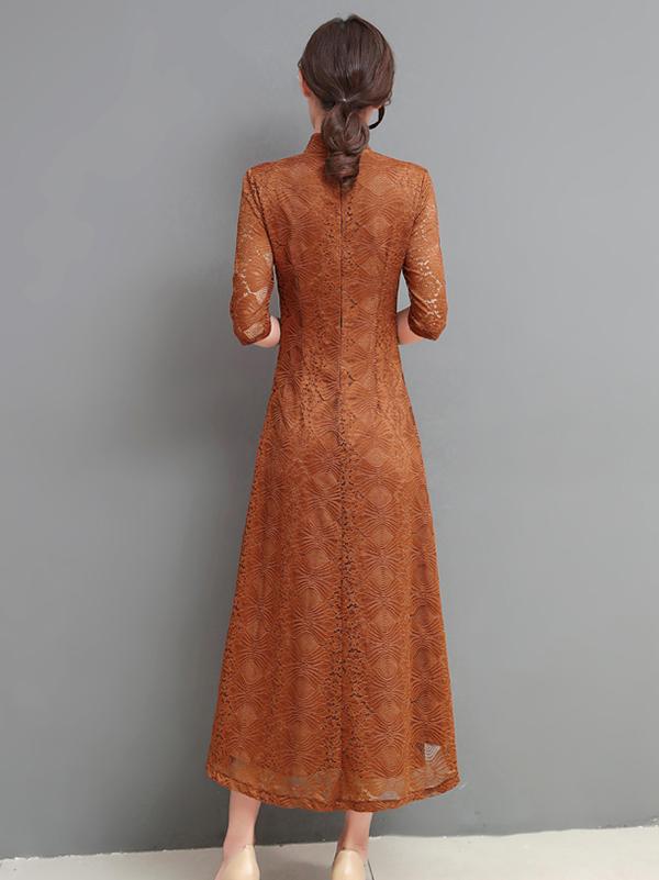 Gray&Coffee Lace A-line Long Cheongsam Ao Dai