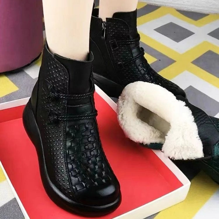 Women's Fleece-Lined Mid-Calf Wedge Boots - Round Toe Side Zipper Winter Boots