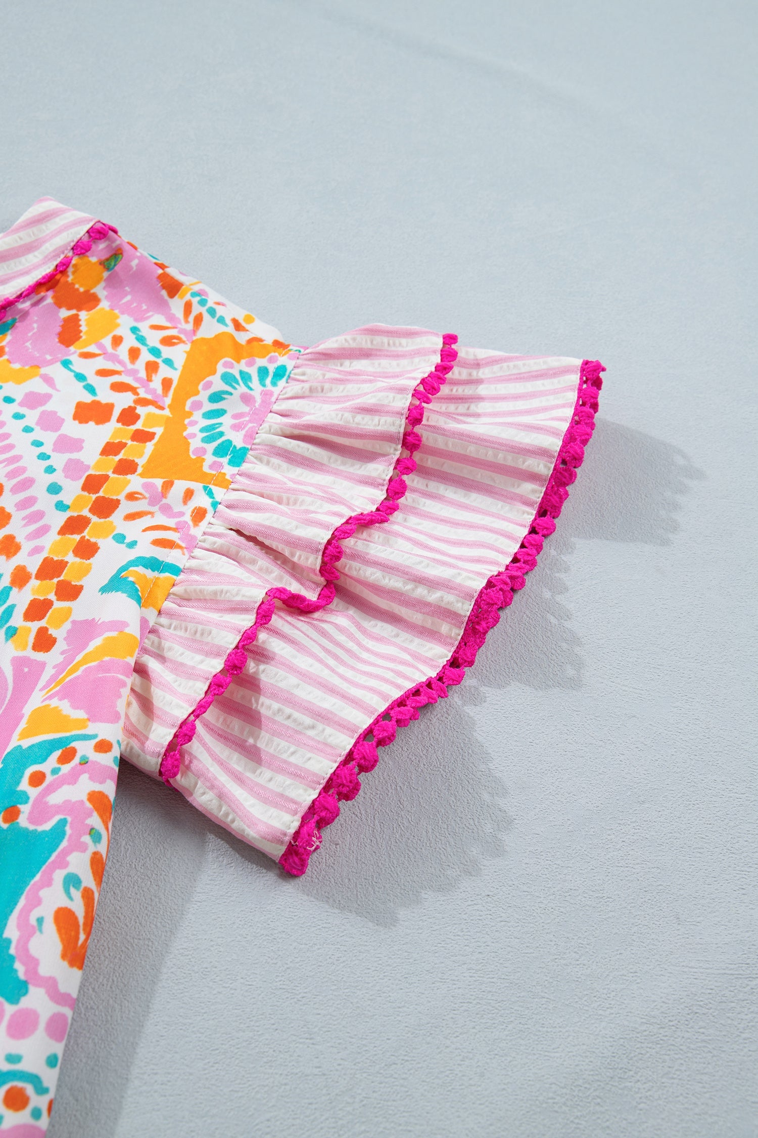 Rose Boho Mixed Print Contrast Trim Striped Patchwork Tiered Short Sleeve Blouse